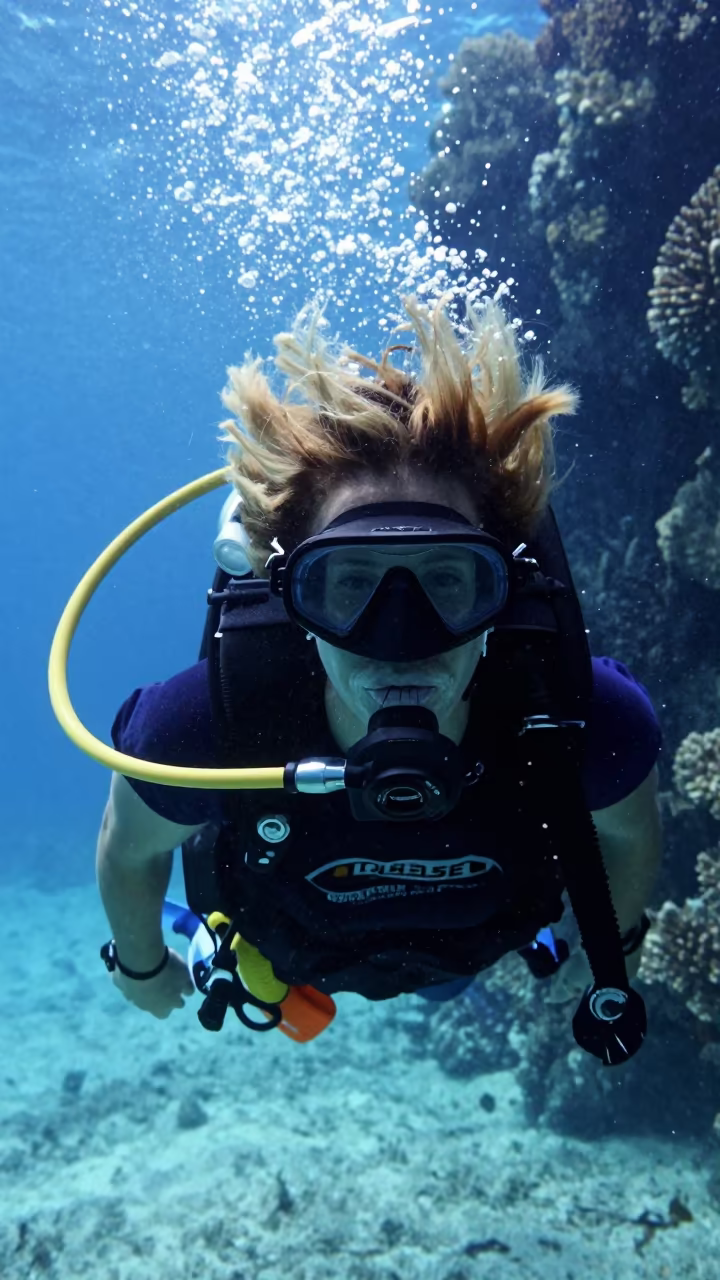 Coral Diver Portrait in Belize Blue Water in along a coral wall with blue water beyond near Belize City
