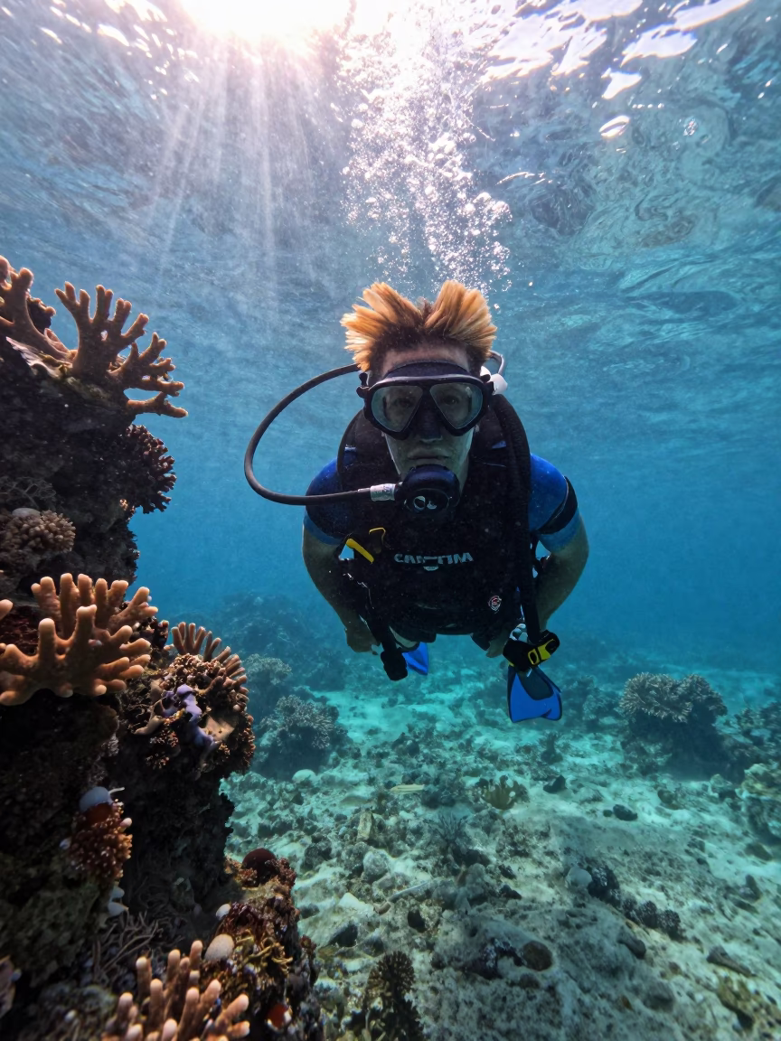 Coral Diver Portrait in First Light Rainy Season in beside a reef crevice under clear water near Cairns