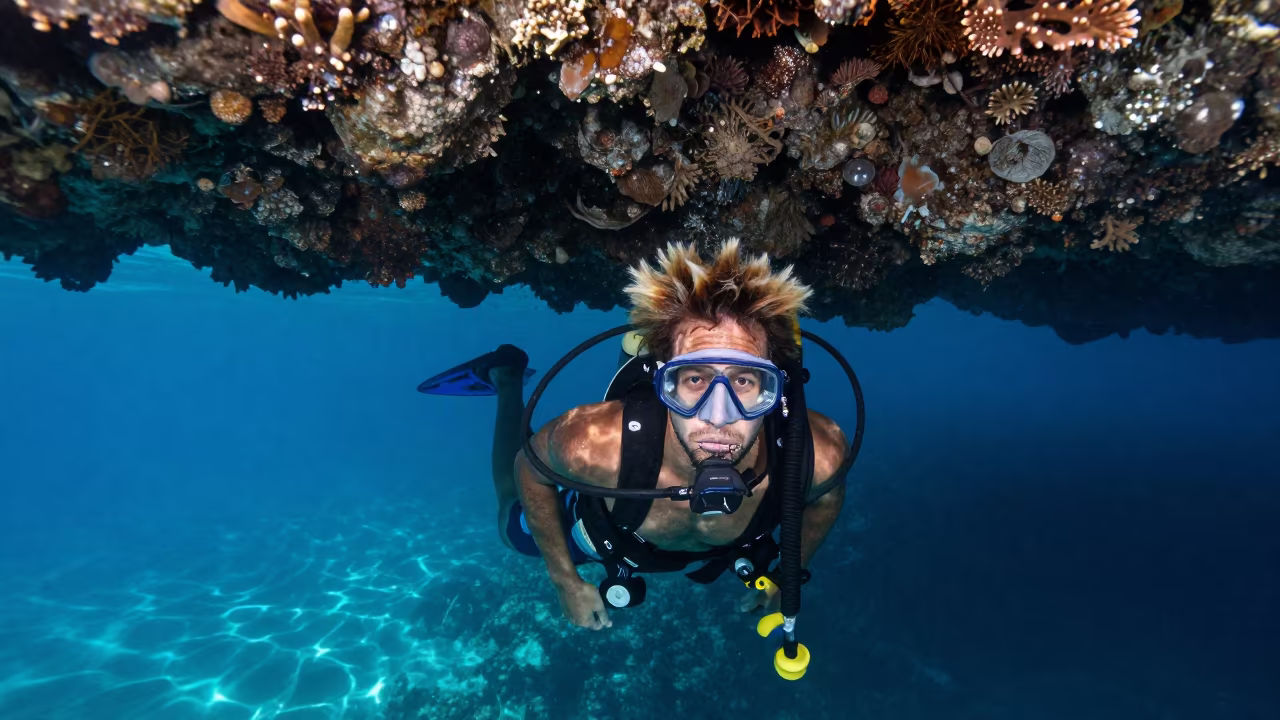 Coral Diver in Sunlight Over Cebu Reef in beside a volcanic reef overhang near Cebu