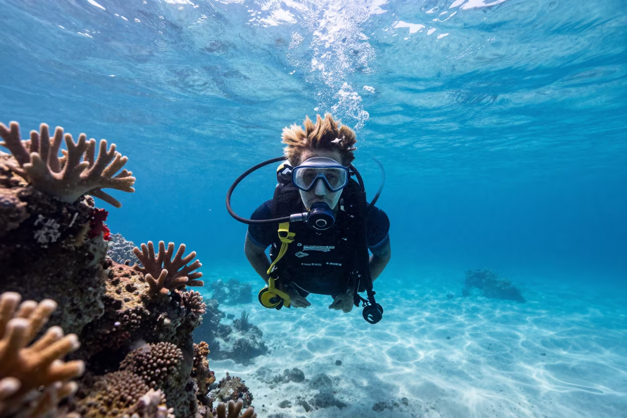Coral Diver Sunlight in Zanzibar Reef in beside a reef crevice under clear water near Zanzibar
