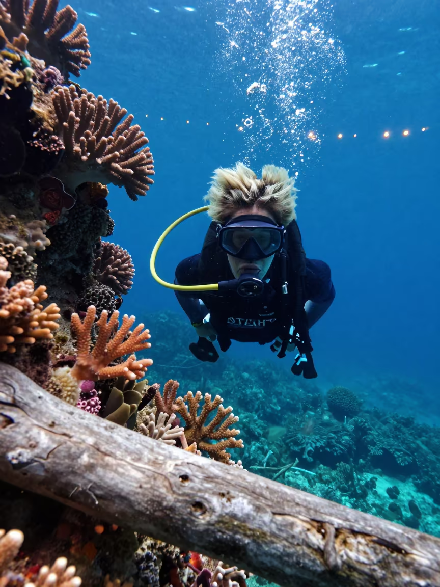 Coral Diver with Sun Bleached Hair Near Apia in along a coral wall with blue water beyond near Apia