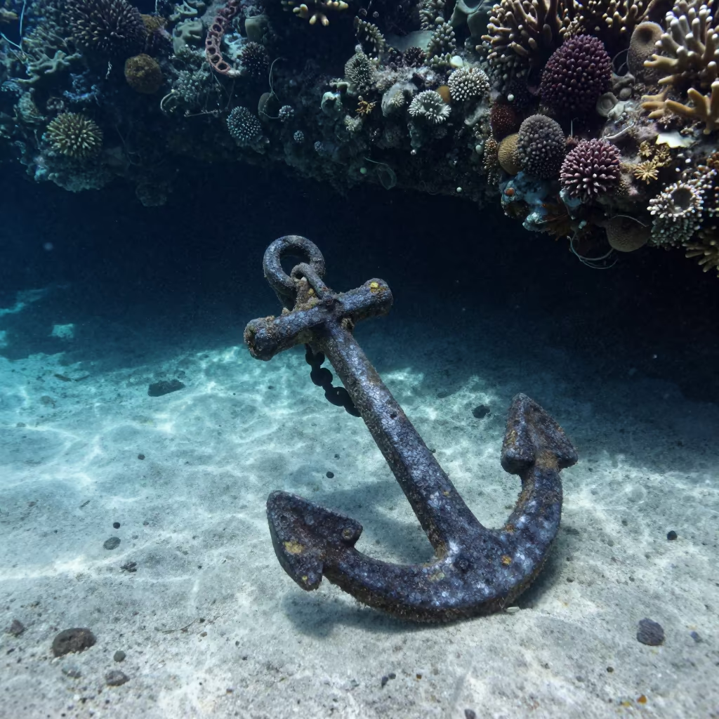 Coral Encrusted Anchor Chain Night Reef in beside a reef crevice under clear water near Cairns