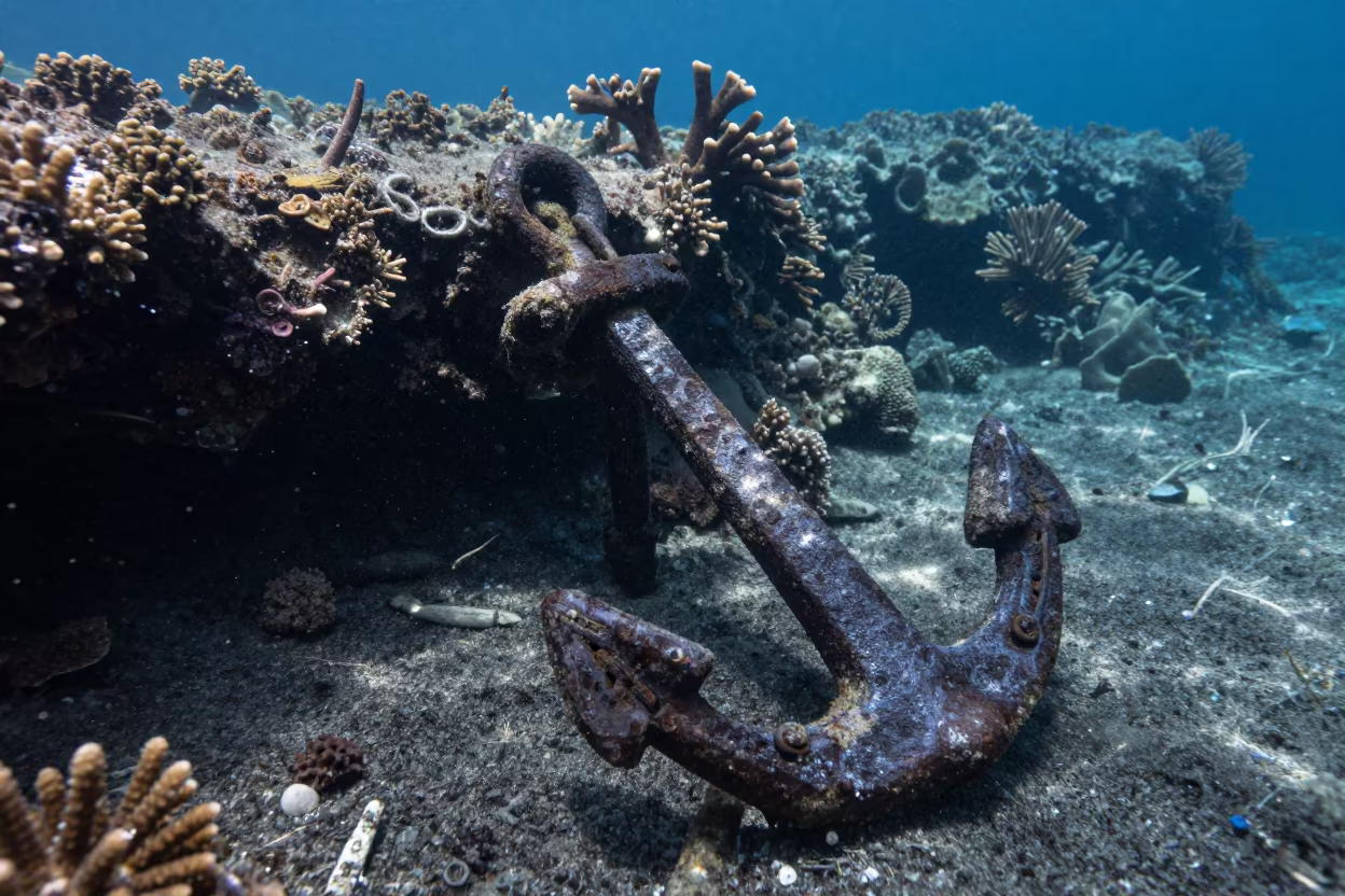 Coral Encrusted Anchor Chain in Winter Night in beneath a reef ledge in tropical shallows near Cairns