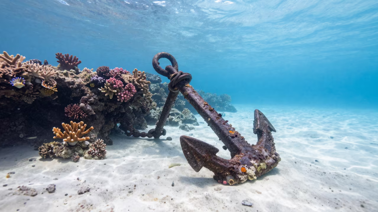 Coral Encrusted Anchor Chain on Zanzibar Sea Floor in beneath a reef ledge in tropical shallows near Zanzibar