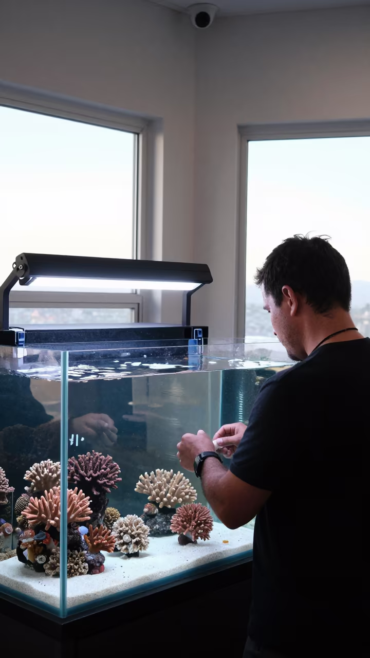 Coral Frag Tank at Dawn in Cape Town Aquarium Store in at a coral acclimation bench in a saltwater aquarium store in Cape Town