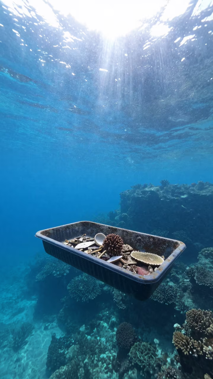 Coral Frag Tray Silhouette Against Blue Water in along a coral wall with blue water beyond near Stone Town