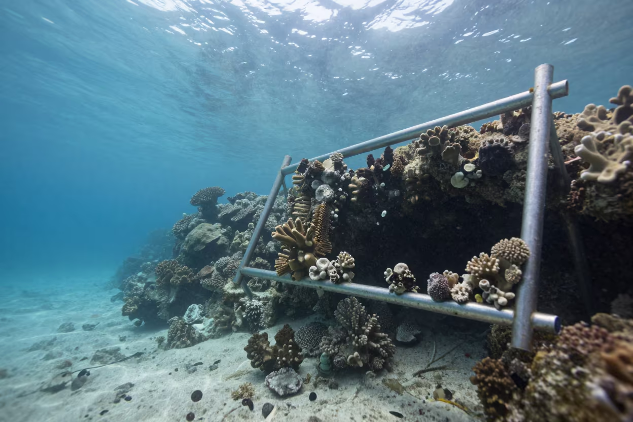 Coral fragments secured in reef crevice underwater Cairns in beside a reef crevice under clear water near Cairns