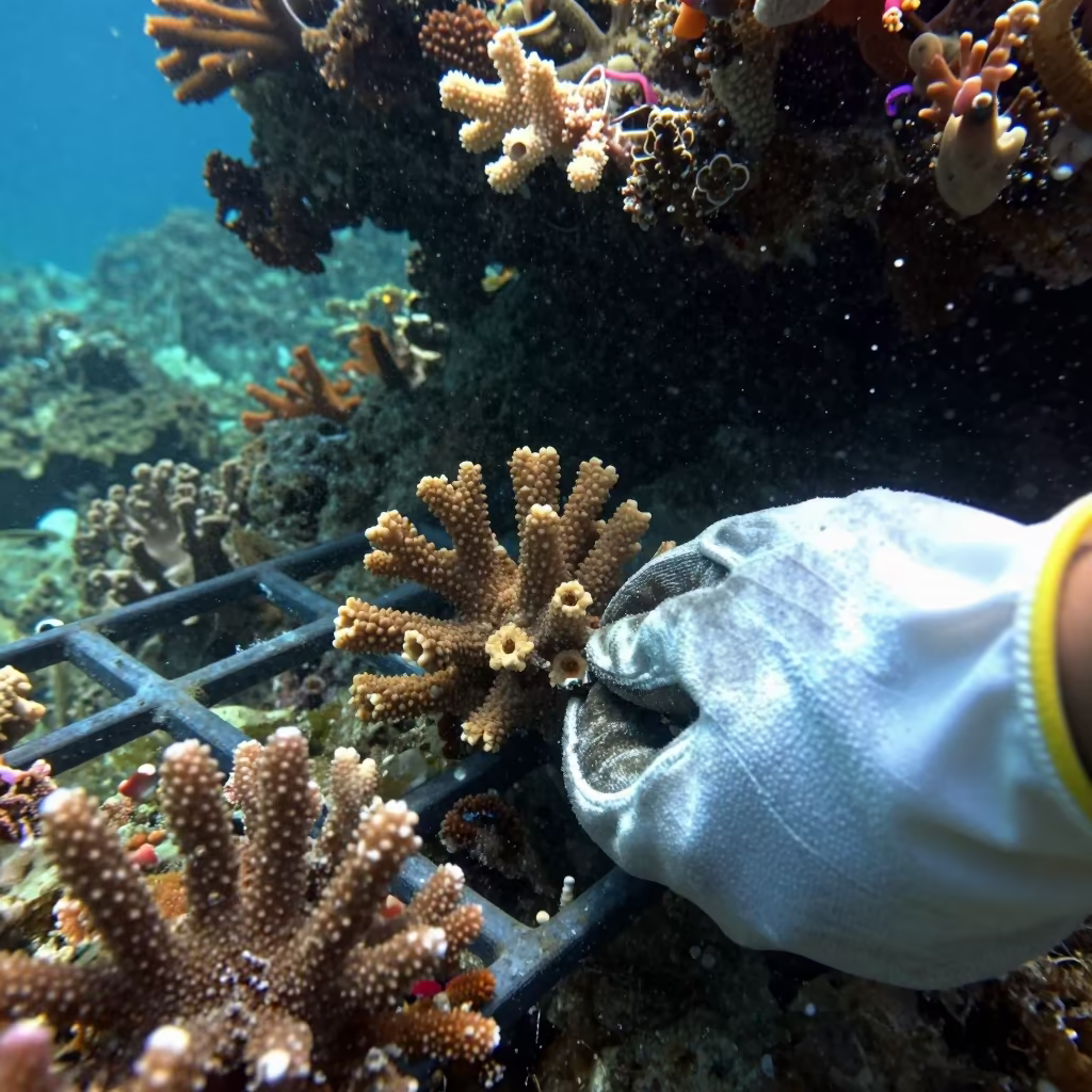 Coral Fragments Secured on Reef Frame in beside a volcanic reef overhang near Stone Town