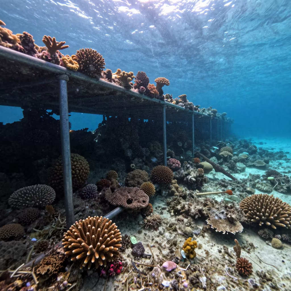 Coral Fragments Secured on Underwater Frame Near Reef in beneath a reef ledge in tropical shallows near Stone Town