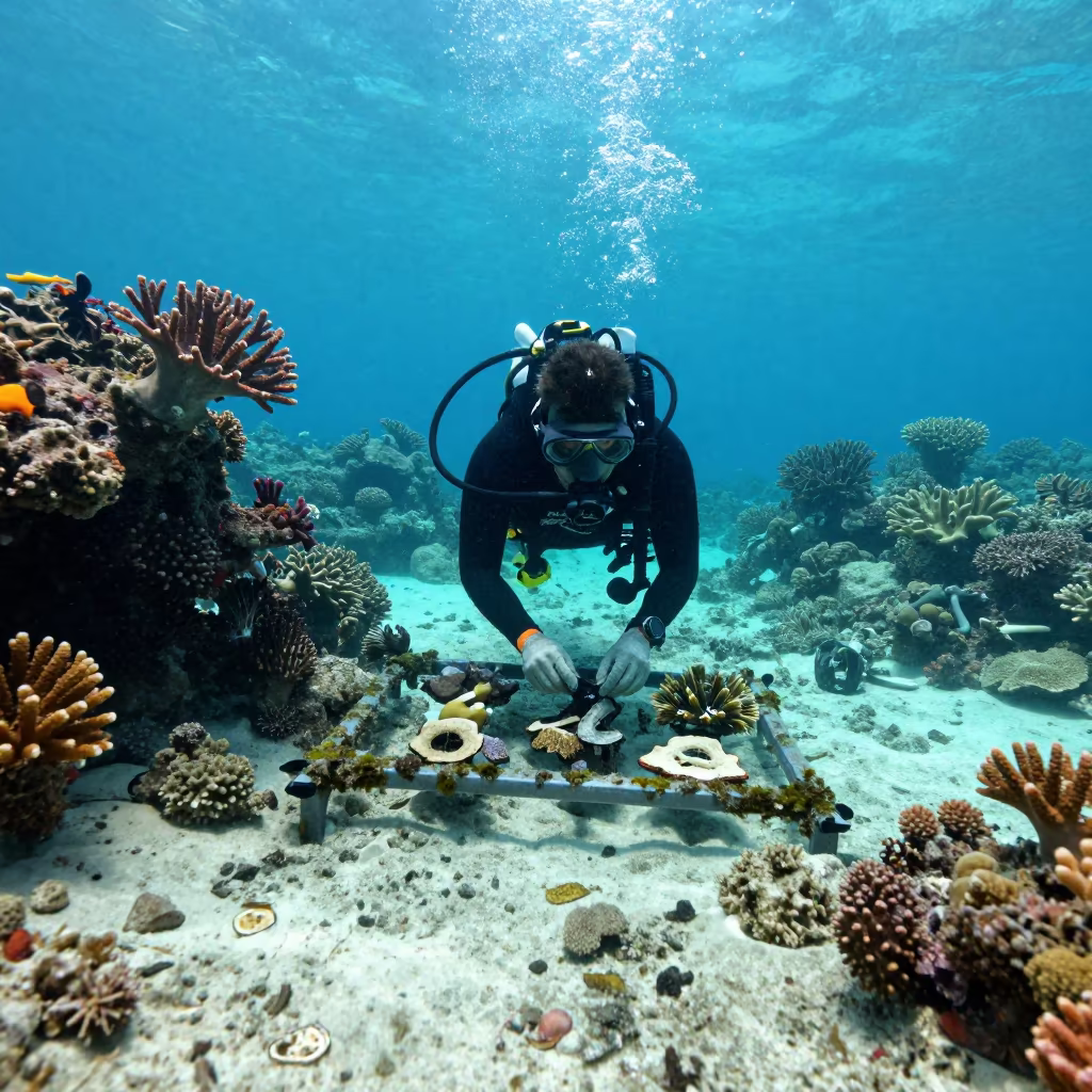 Coral Fragments Secured on Underwater Frame in beneath a reef ledge in tropical shallows near Zanzibar