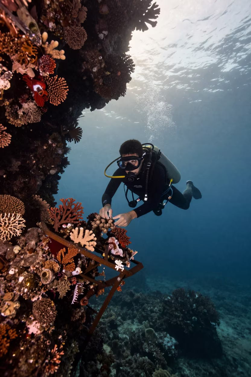 Coral Fragments Secured on Volcanic Reef Frame in beside a volcanic reef overhang near Denpasar