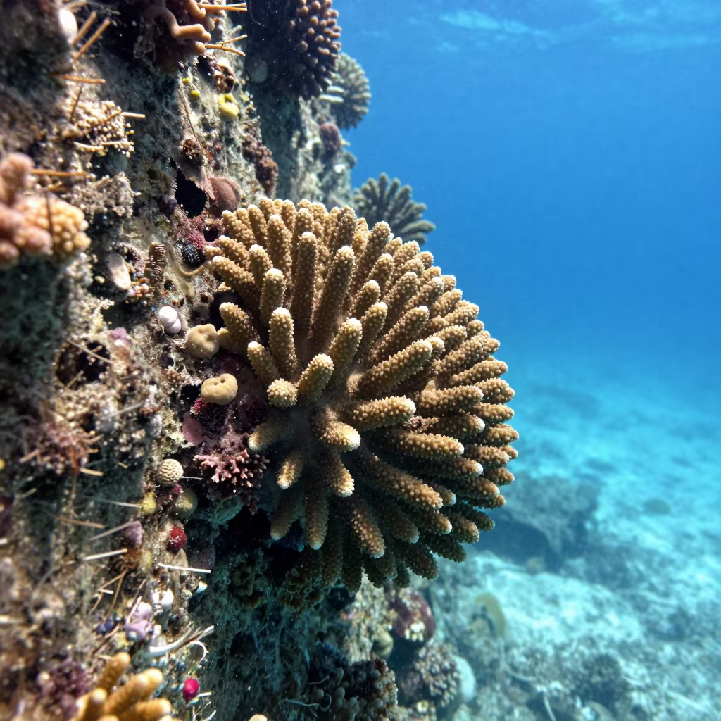 Coral Overgrown Shipwreck Belize Blue Water in along a coral wall with blue water beyond near Belize City