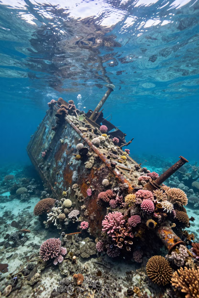 Coral Overgrown Shipwreck Belize Reef Crevice in beside a reef crevice under clear water near Belize City