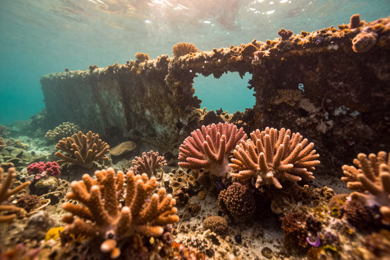 Coral Overgrown Shipwreck Belize Reef Ledge in beneath a reef ledge in tropical shallows near Belize City