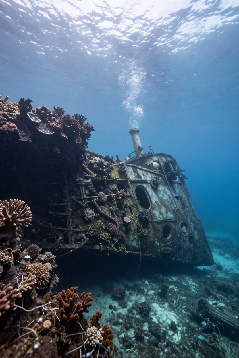 Coral Overgrown Shipwreck in Silver Dawn Light in beside a volcanic reef overhang near Cairns