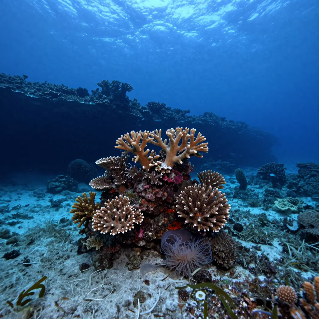 Coral Pinnacle in Blue Hour Lagoon Near Cairns in beneath a reef ledge in tropical shallows near Cairns