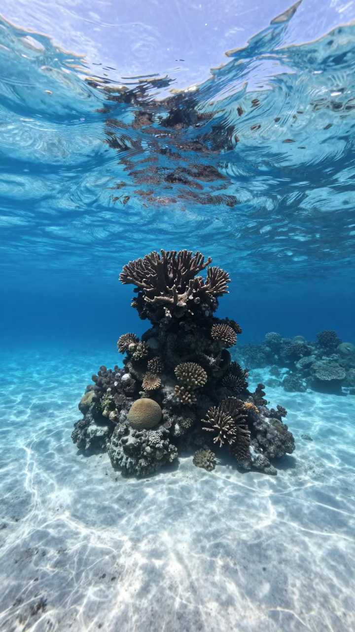 Coral Pinnacle Rising from Blue Lagoon Floor in beside a reef crevice under clear water near Stone Town