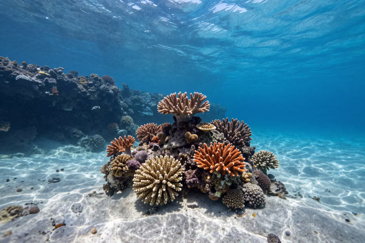 Coral Pinnacle Rising in Blue Lagoon in beneath a reef ledge in tropical shallows near Denpasar