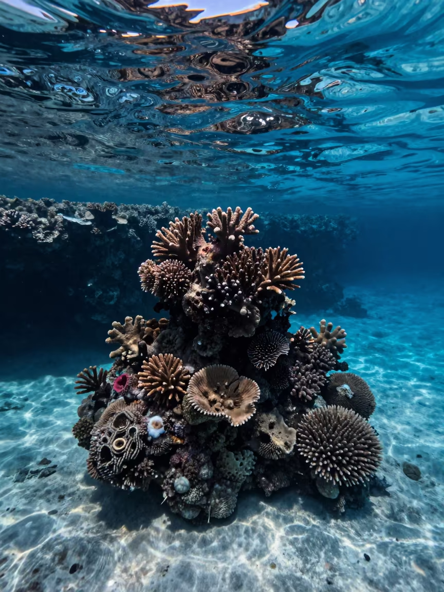 Coral Pinnacle Rising from Deep Blue Belize Lagoon in beneath a reef ledge in tropical shallows near Belize City