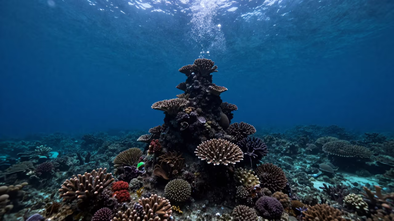 Coral Pinnacle Rising in Predawn Moonlight in along a coral wall with blue water beyond near Denpasar