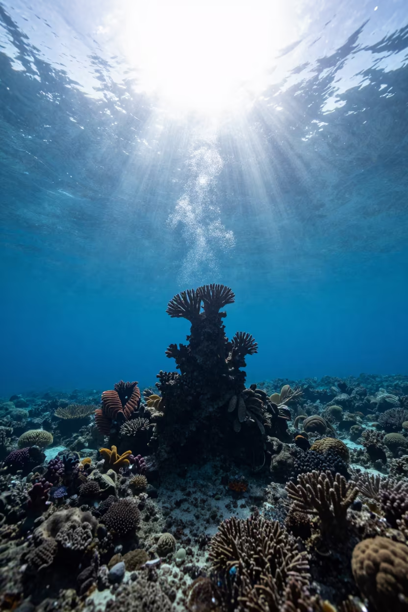 Coral Pinnacle Silhouette in Monsoon Lagoon in beside a volcanic reef overhang near Cairns