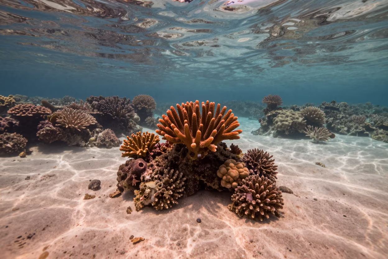 Coral Pinnacle in Zanzibar Lagoon Copper Light in beside a reef crevice under clear water near Zanzibar