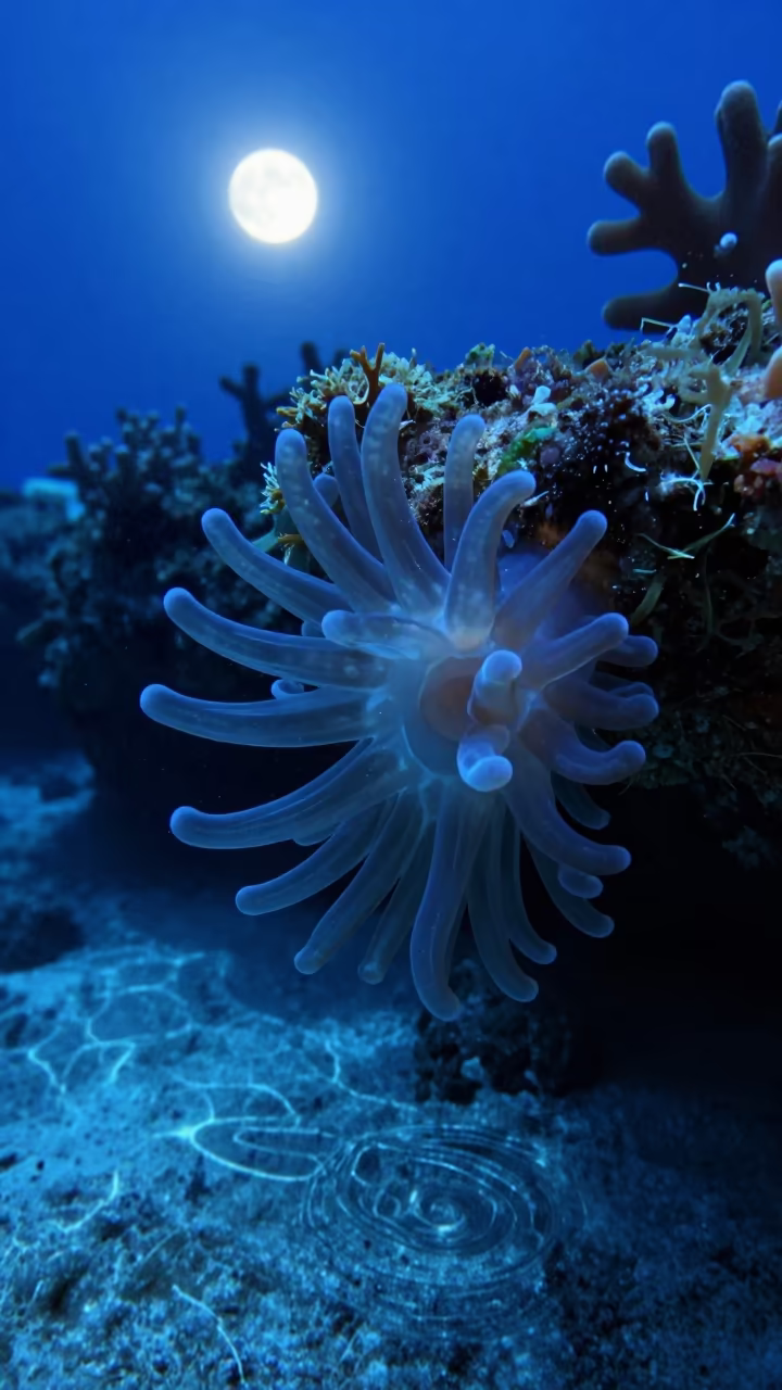 Coral Polyp Feeding Tentacles Moonlit Night Zanzibar in beneath a reef ledge in tropical shallows near Zanzibar