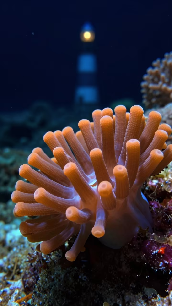 Coral Polyp Feeding Tentacles Night Reef in beneath a reef ledge in tropical shallows near Zanzibar