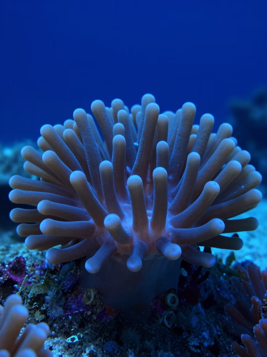 Coral Polyp Feeding Tentacles Night Stone Town in along a coral wall with blue water beyond near Stone Town