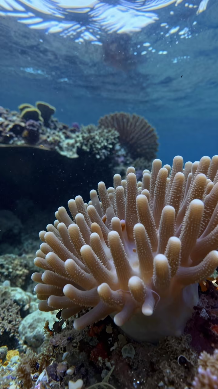 Coral Polyp Tentacles Feeding Night Reef Cebu in beside a volcanic reef overhang near Cebu