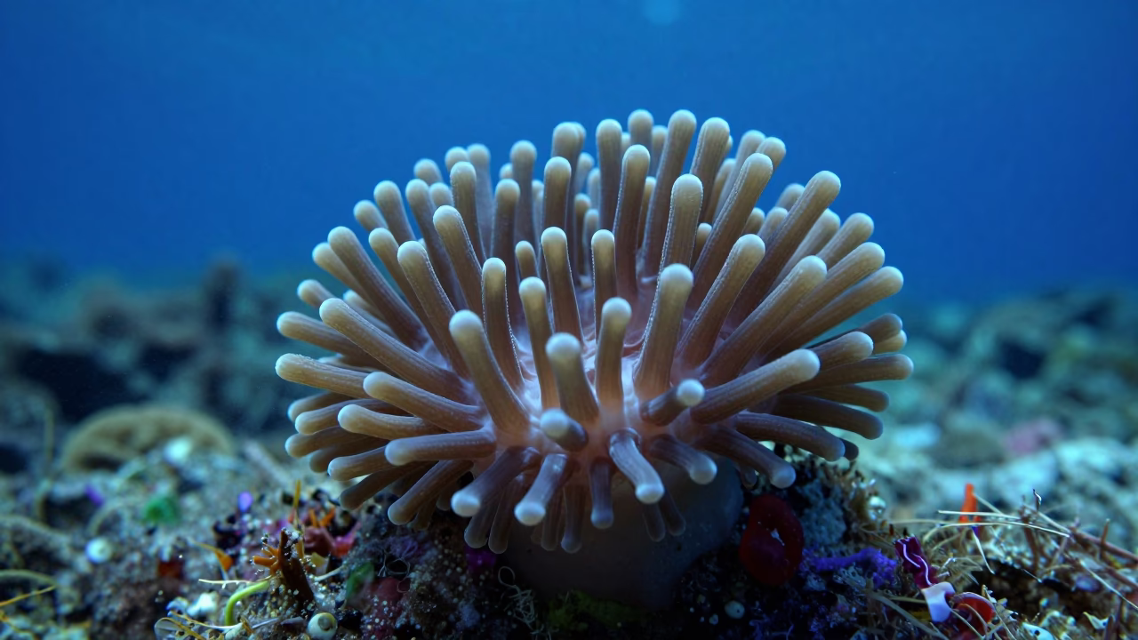 Coral Polyp Tentacles Night Cebu Macro in along a coral wall with blue water beyond near Cebu