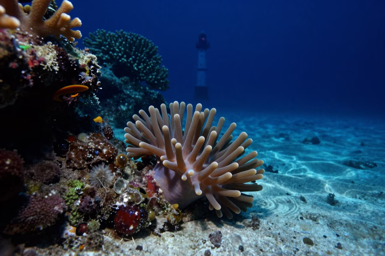Coral Polyp Tentacles Night Lighthouse Beam in beside a volcanic reef overhang near Zanzibar