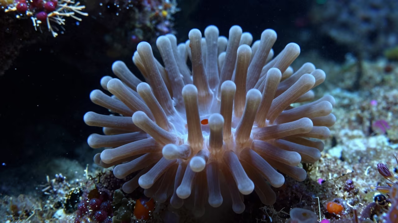 Coral Polyp Tentacles Night Zanzibar Reef in beside a volcanic reef overhang near Zanzibar