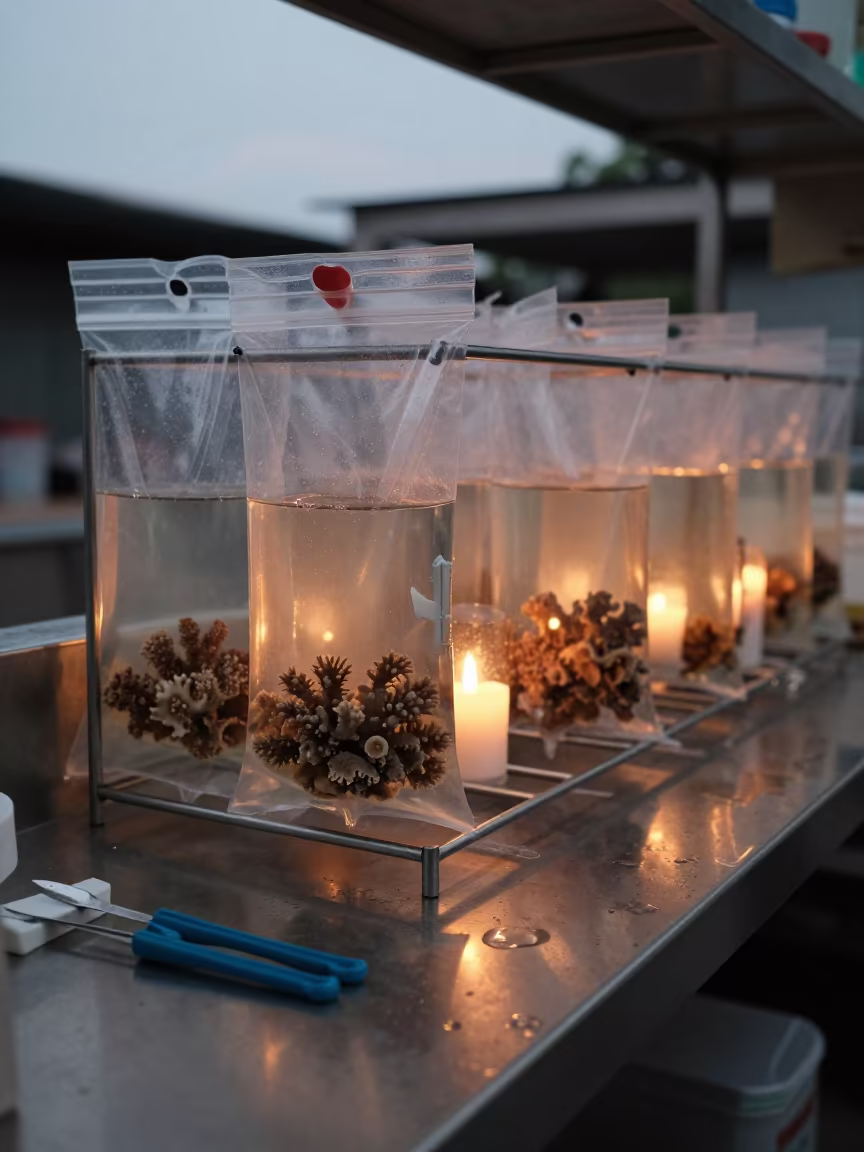 Coral Rack with Candlelight in Mumbai in at a coral holding rack beside a fish bagging counter near Juhu, Mumbai