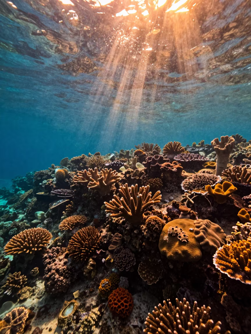 Coral Reef Golden Hour Light Beams Cairns in along a coral wall with blue water beyond near Cairns