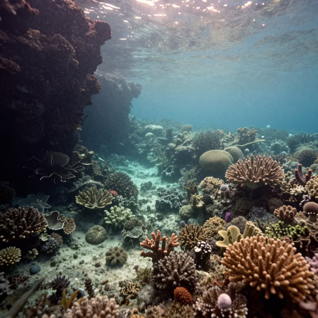 Coral Reef Overhang Cairns Underwater View in beside a volcanic reef overhang near Cairns
