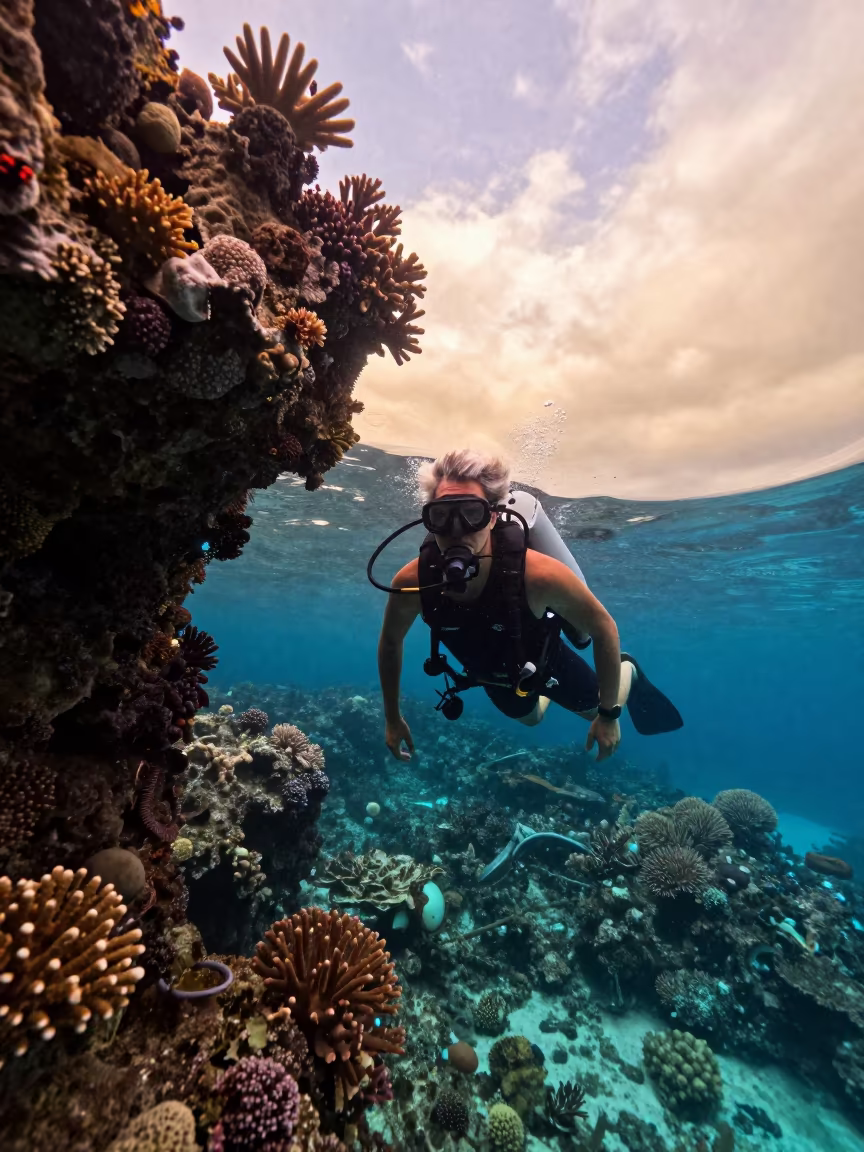 Coral Reef Surveyor at Belize Volcanic Overhang in beside a volcanic reef overhang near Belize City