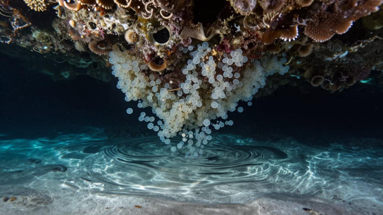 Coral Spawning Under Reef Ledge Night in beneath a reef ledge in tropical shallows near Stone Town
