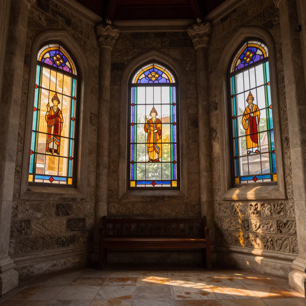 Coral Stone Mosque Interior with Stained Glass Light in in a chapel lit by stained glass in Charoen Krung, Bangkok