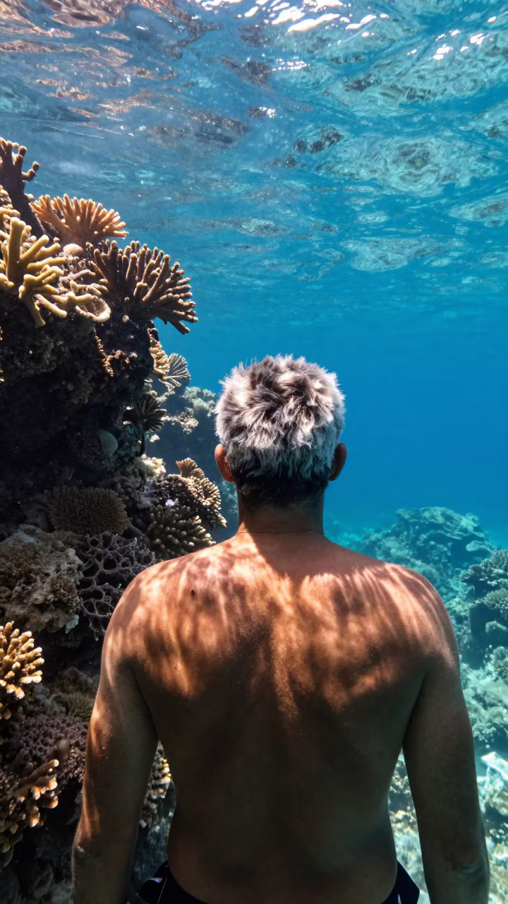 Coral Surveyor Portrait with Salt Hair in Dappled Light in along a coral wall with blue water beyond near Stone Town