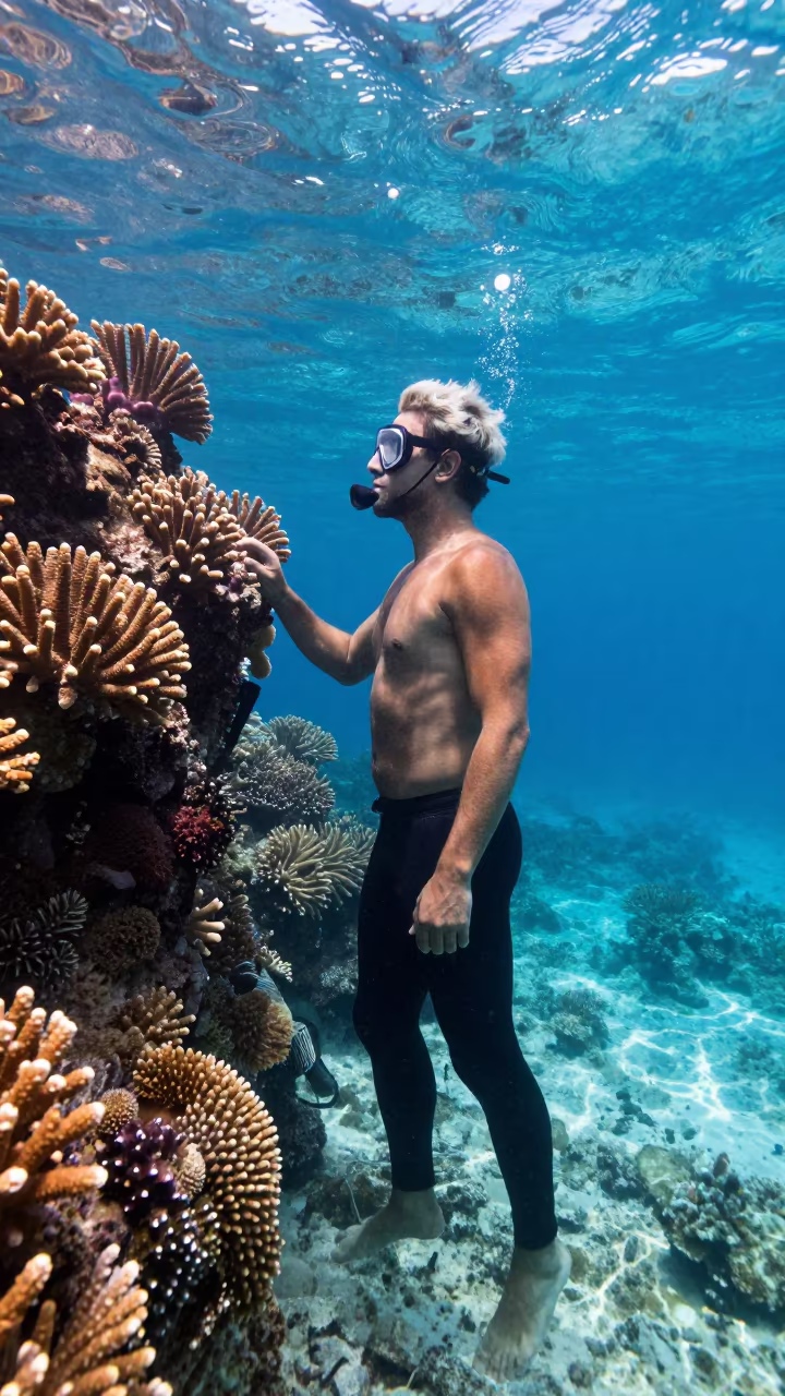 Coral Surveyor Portrait Underwater Cebu in along a coral wall with blue water beyond near Cebu