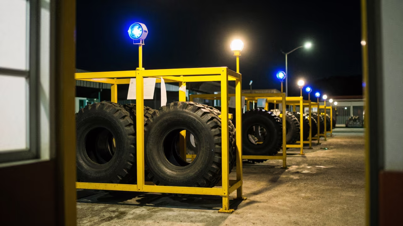 Cordoba Cross-Dock Tire Thumper Rack Night in inside a cross-dock lane in Cordoba