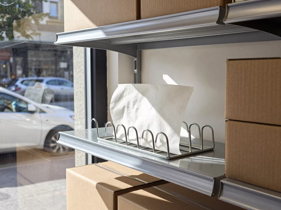 Cordoba Retail Tissue Rack in North Window Light in along a front-of-store display run in Cordoba