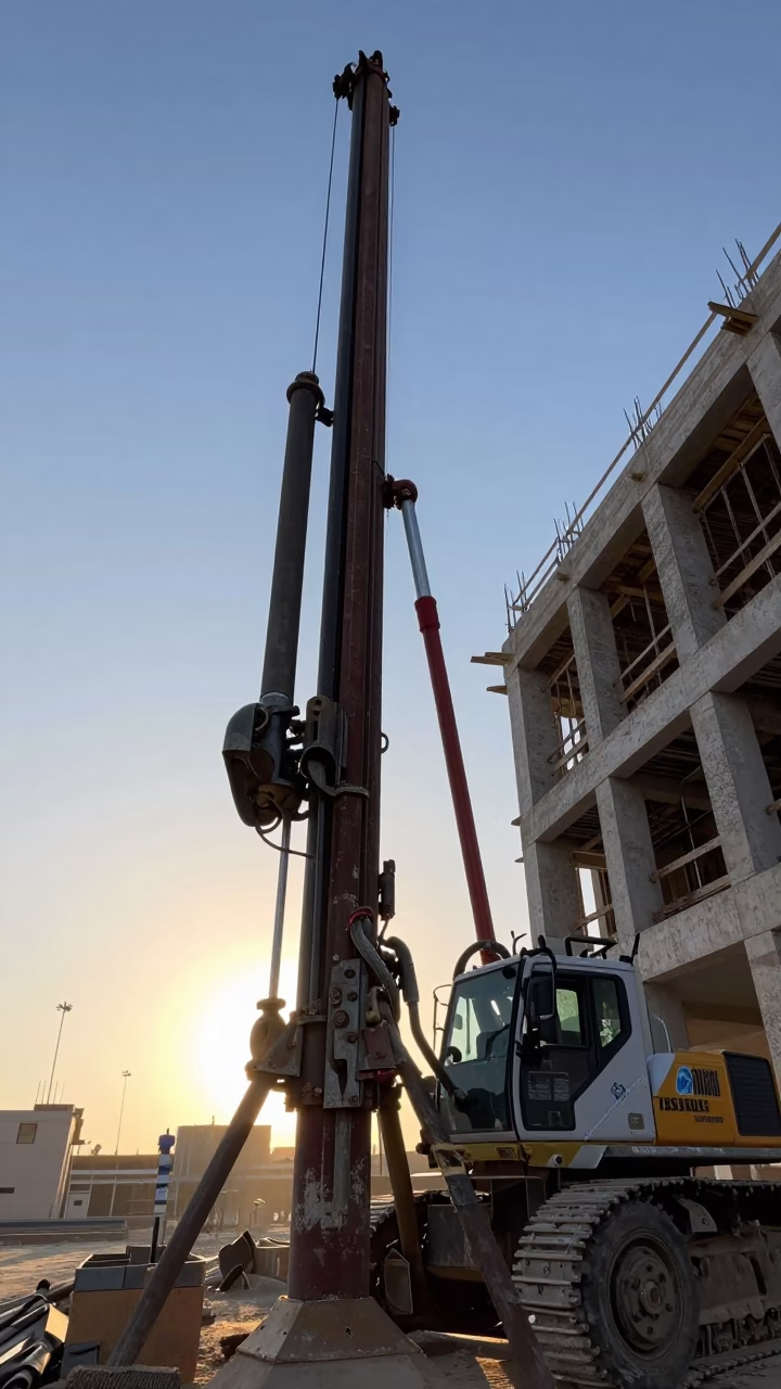 Core Drill Rig at Dawn Beside Port Said Shell in beside a framed building shell near Port Said