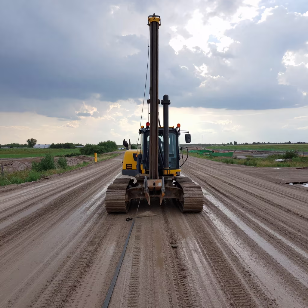 Core Drill Rig on Muddy Pavlodar Road in at a muddy site access road in Pavlodar