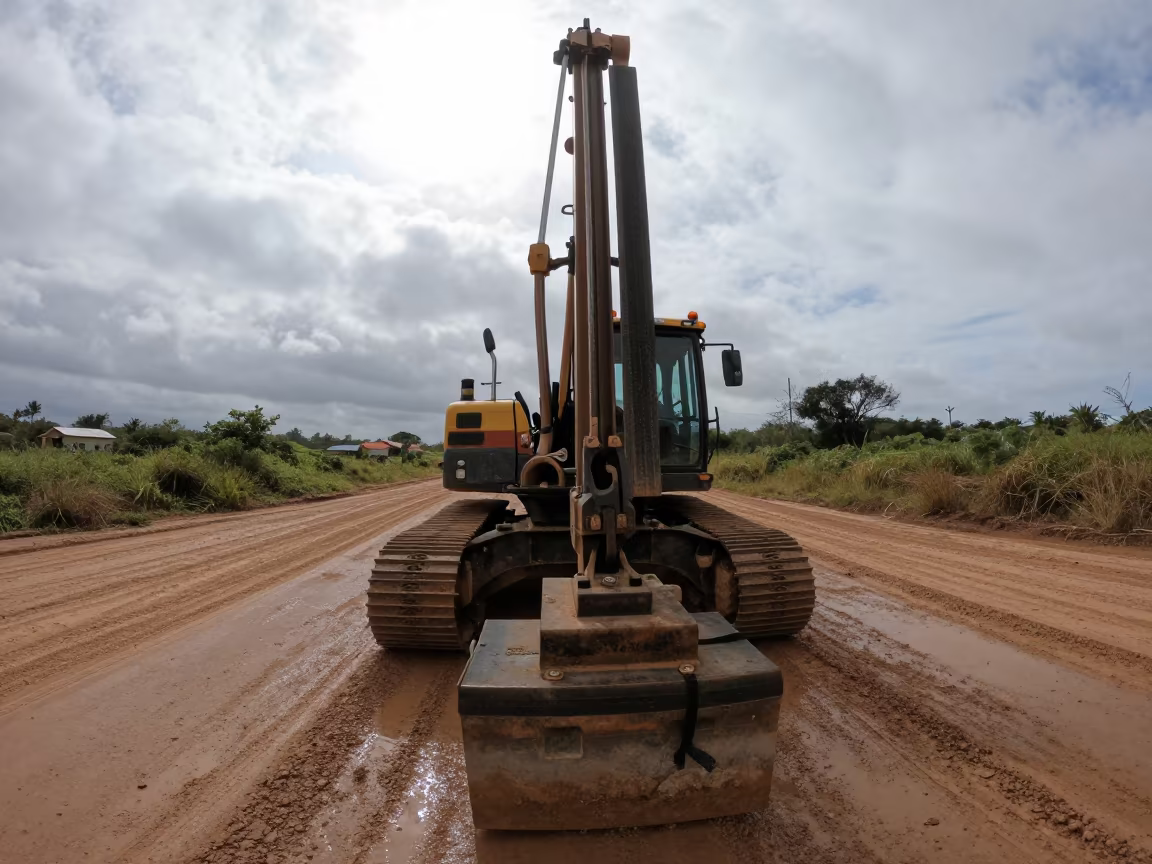 Core Drill Rig on Muddy Road in Ceará in at a muddy site access road in Ceará