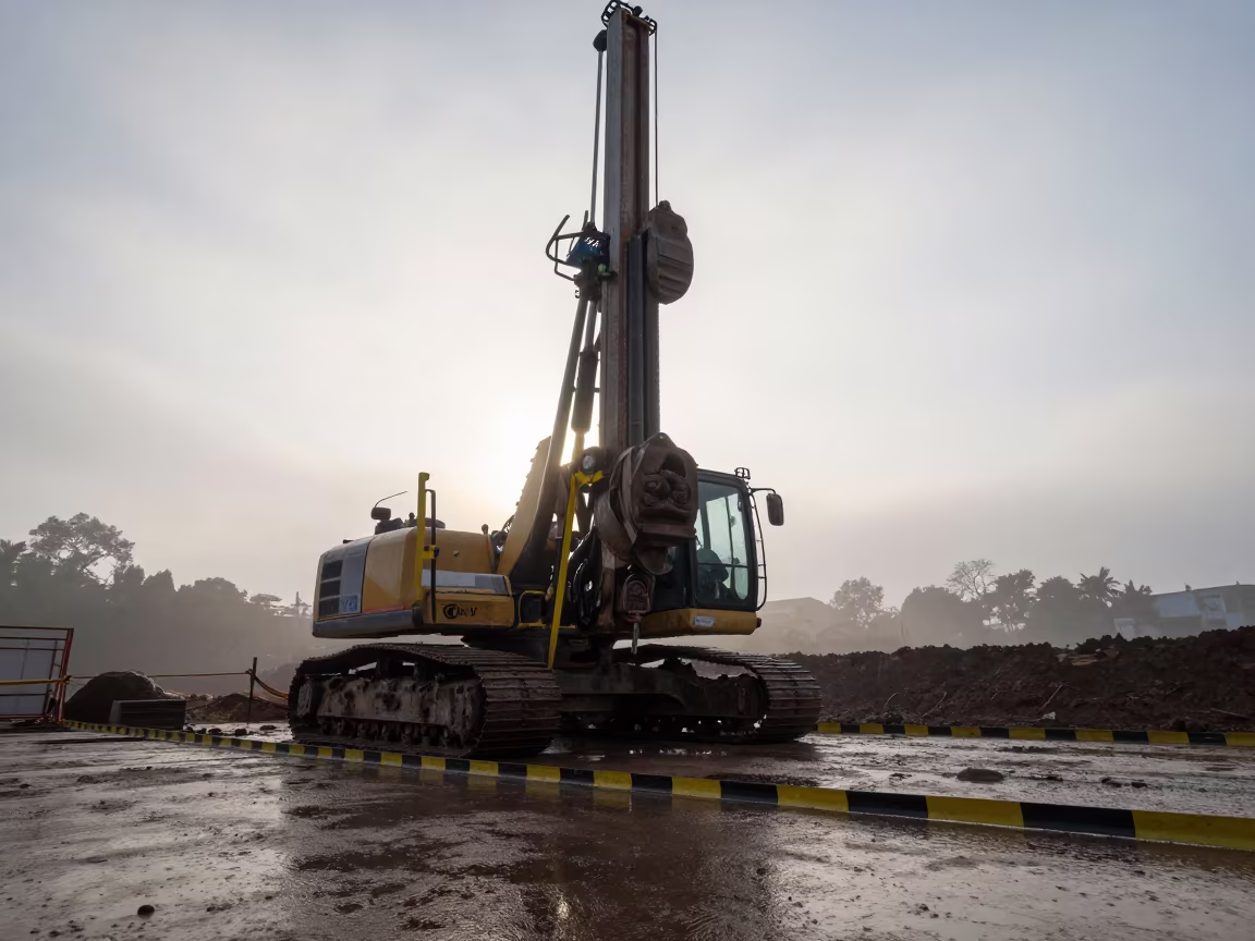 Core Drill Rig in Rainy Season Mist in inside a taped-off excavation edge near Bhubaneswar