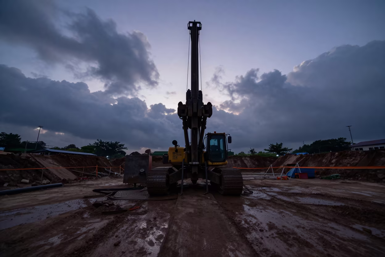 Core Drill Rig Silhouette in Medan Twilight Monsoon in inside a taped-off excavation edge in Medan