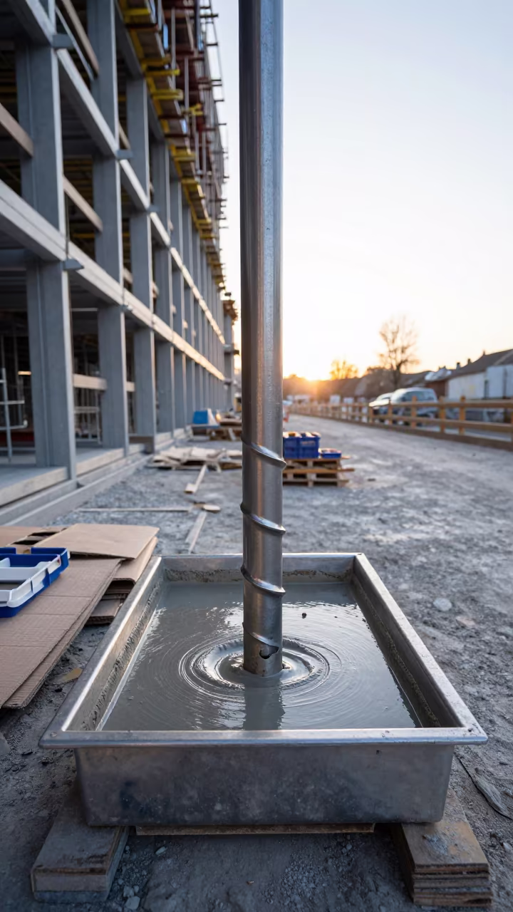 Core Drill Slurry Pan at Zurich West Dawn in beside a framed building shell in Zurich West, Zurich