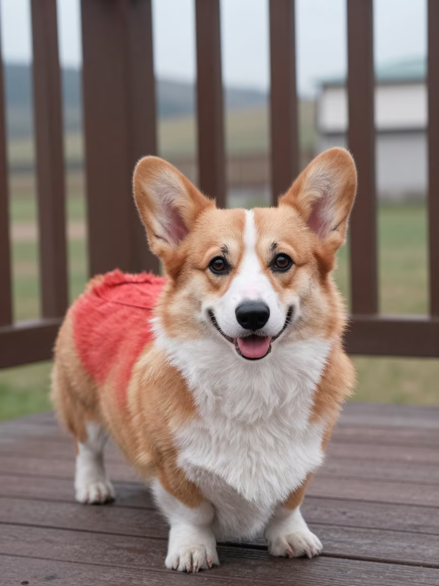Corgi Portrait on Shaded Porch in Trelew in on a shaded front porch with boards, railings, and eye-level framing in Trelew